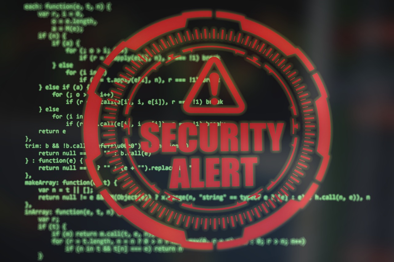 A red security-alert warning over lines of code