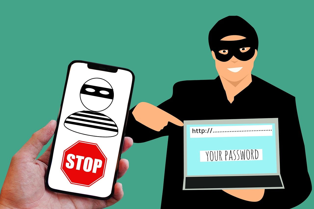 Illustration of a masked scammer tricking a user into entering their password on a fake website
