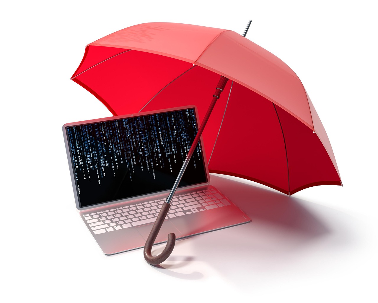 Un ordinateur portable sous un parapluie protecteur, symbole de la défense du système