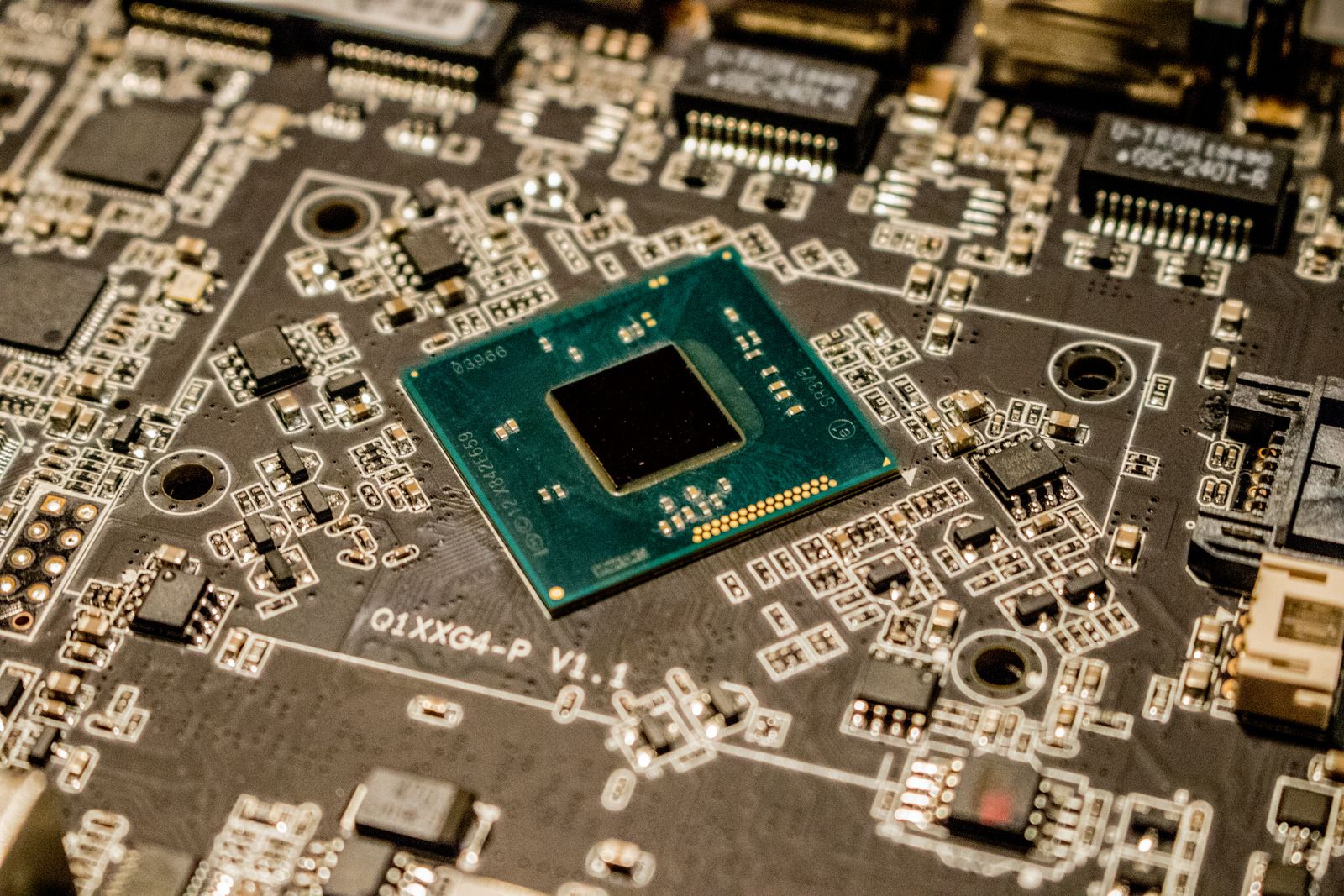 Close-up of a microchip on a printed circuit board